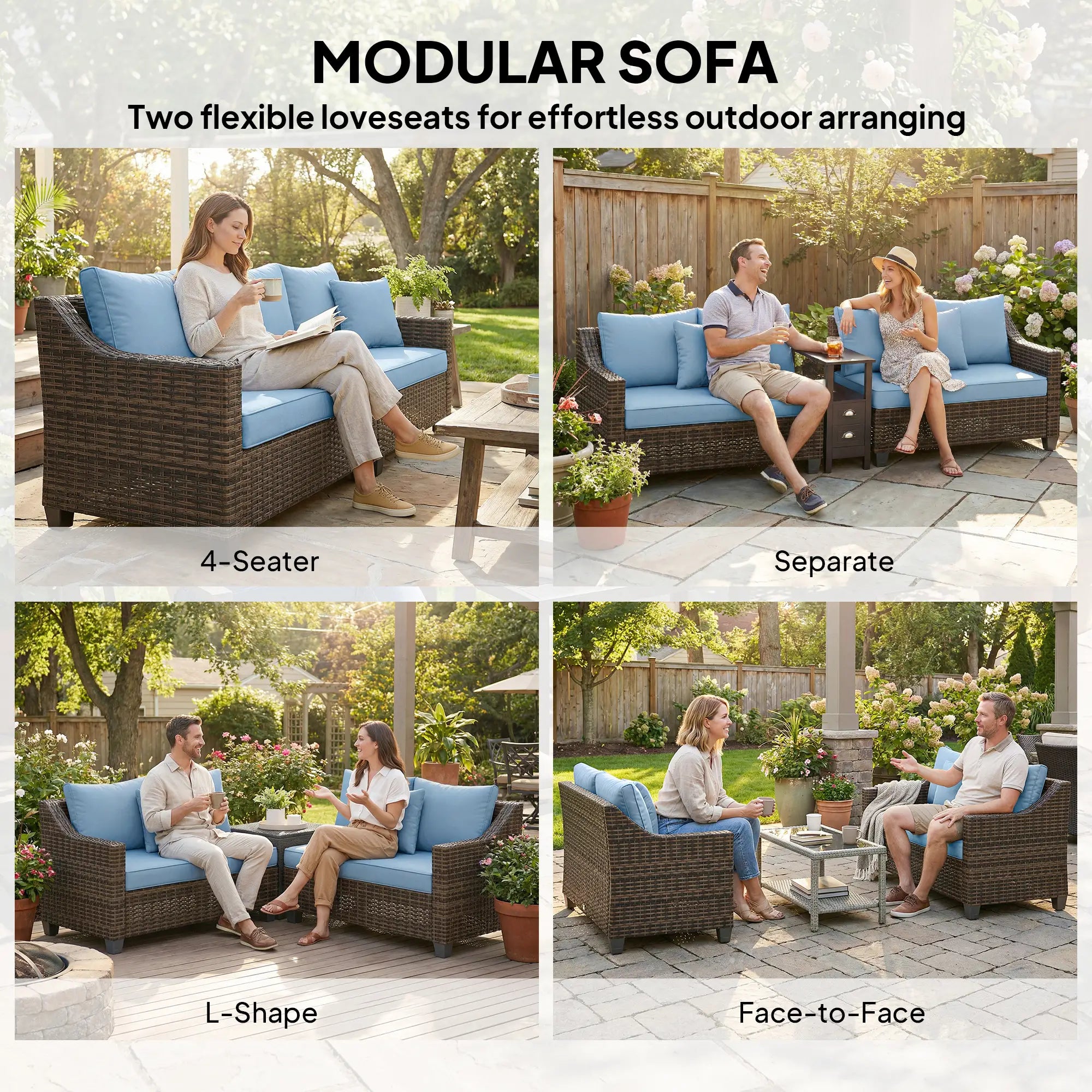 PE Wicker Outdoor Couch Sofa, 4-Seater Modular Patio Furniture, Blue Patio Furniture Sets at Gallery Canada