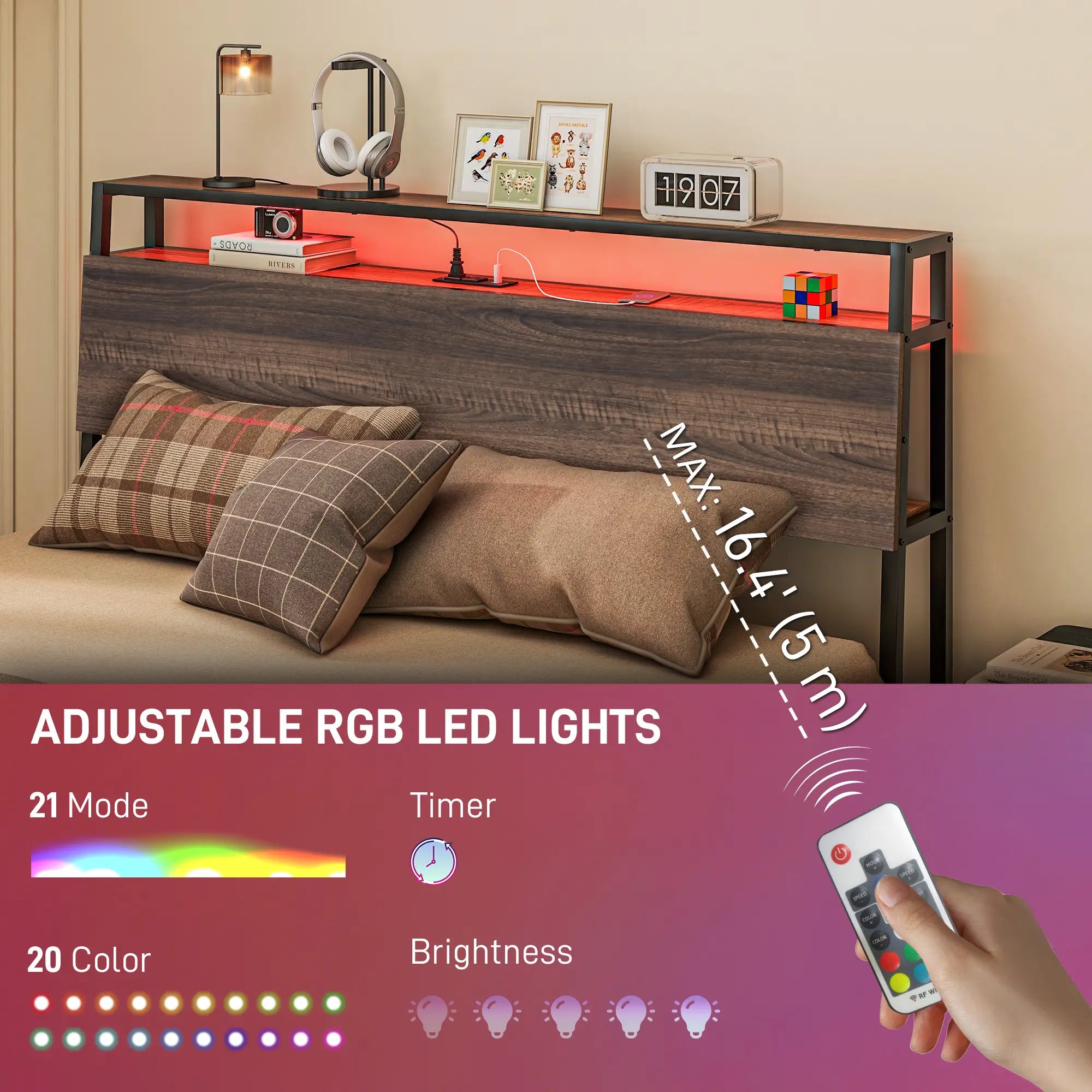 Queen Size Bed Frame with LED Lights, Charging Station, Storage Headboard, Walnut Bedroom Furniture at Gallery Canada