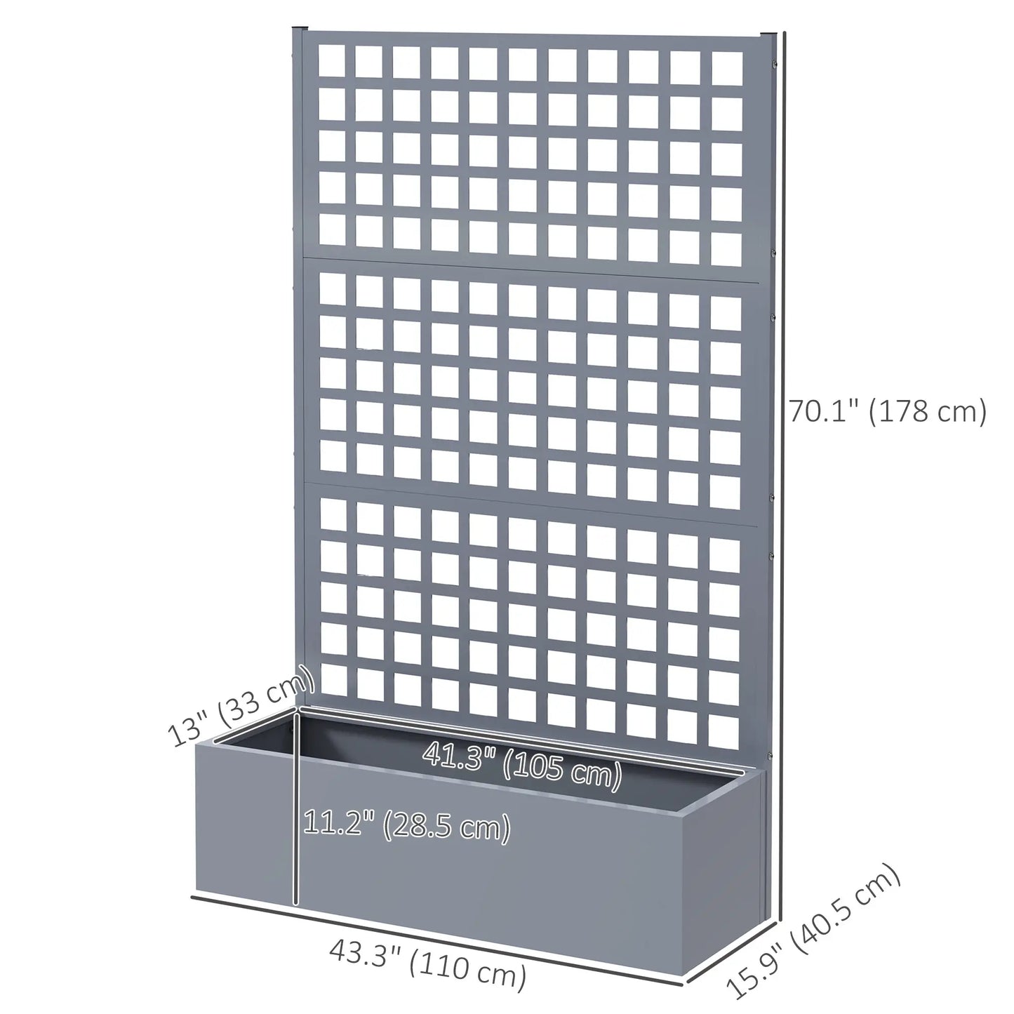 Galvanized Raised Garden Bed Planter Box With Trellis, 43"x16"x70", Grey Wood Effect, Grey