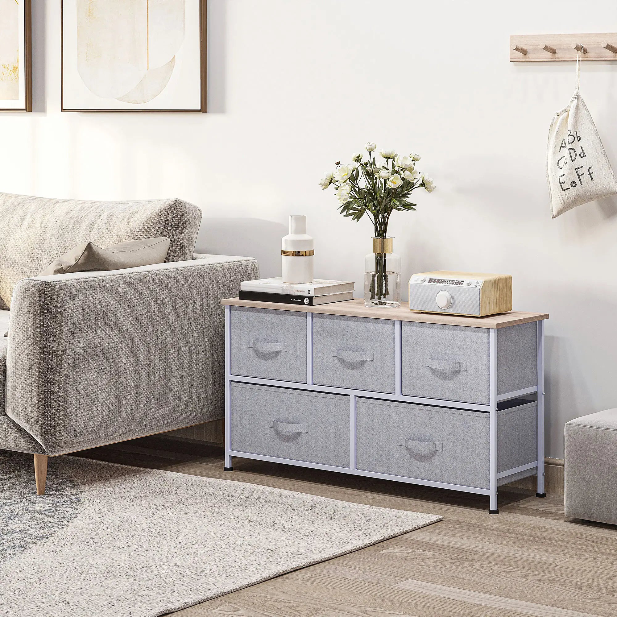Linen Drawer Cabinet, 5 Removable Drawers, Metal Frame, Adjustable Feet, Grey Storage Cabinets at Gallery Canada