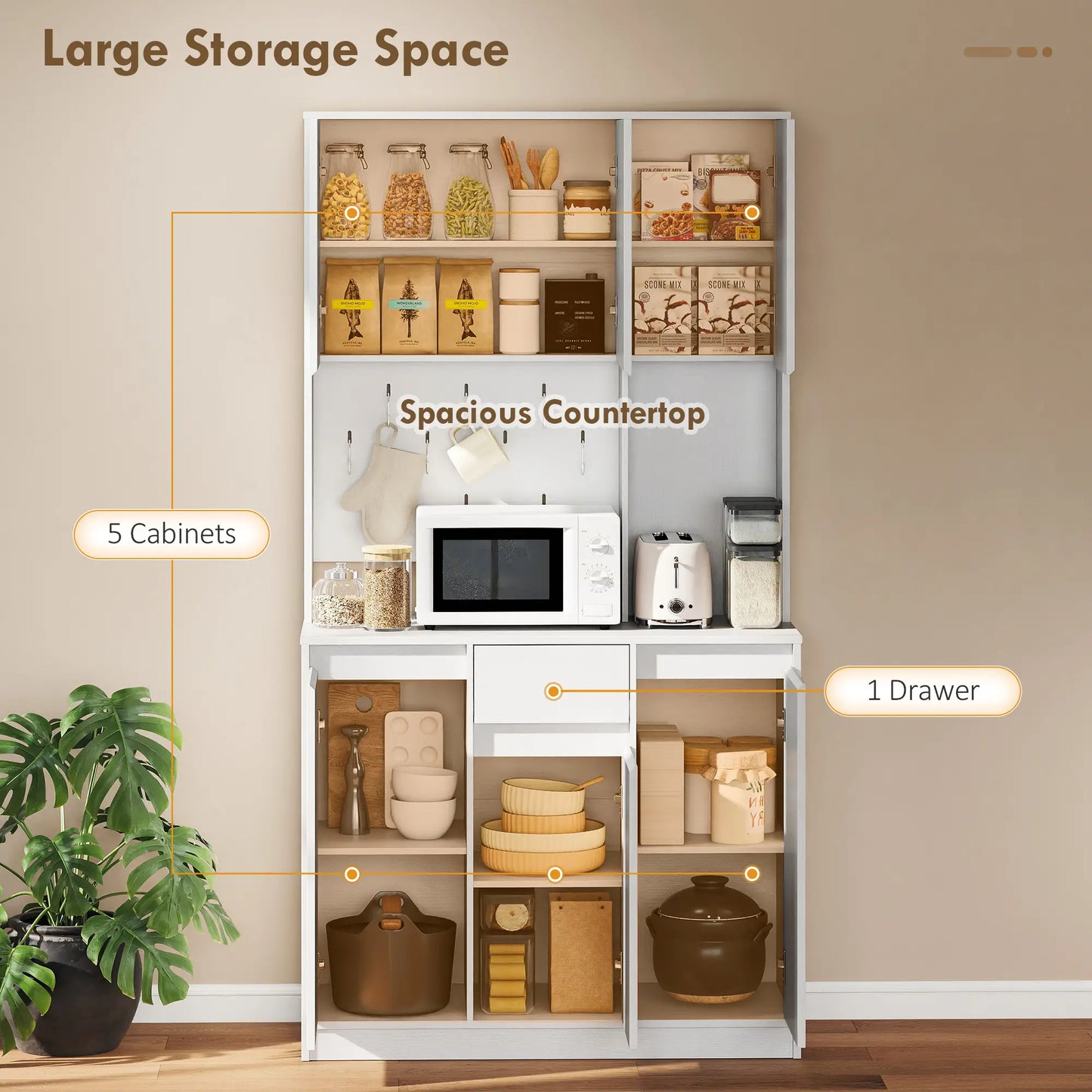 71 Inch Pantry Cabinet with Charging Station, Microwave Stand, Pegboard, White Kitchen Pantry Cabinets at Gallery Canada