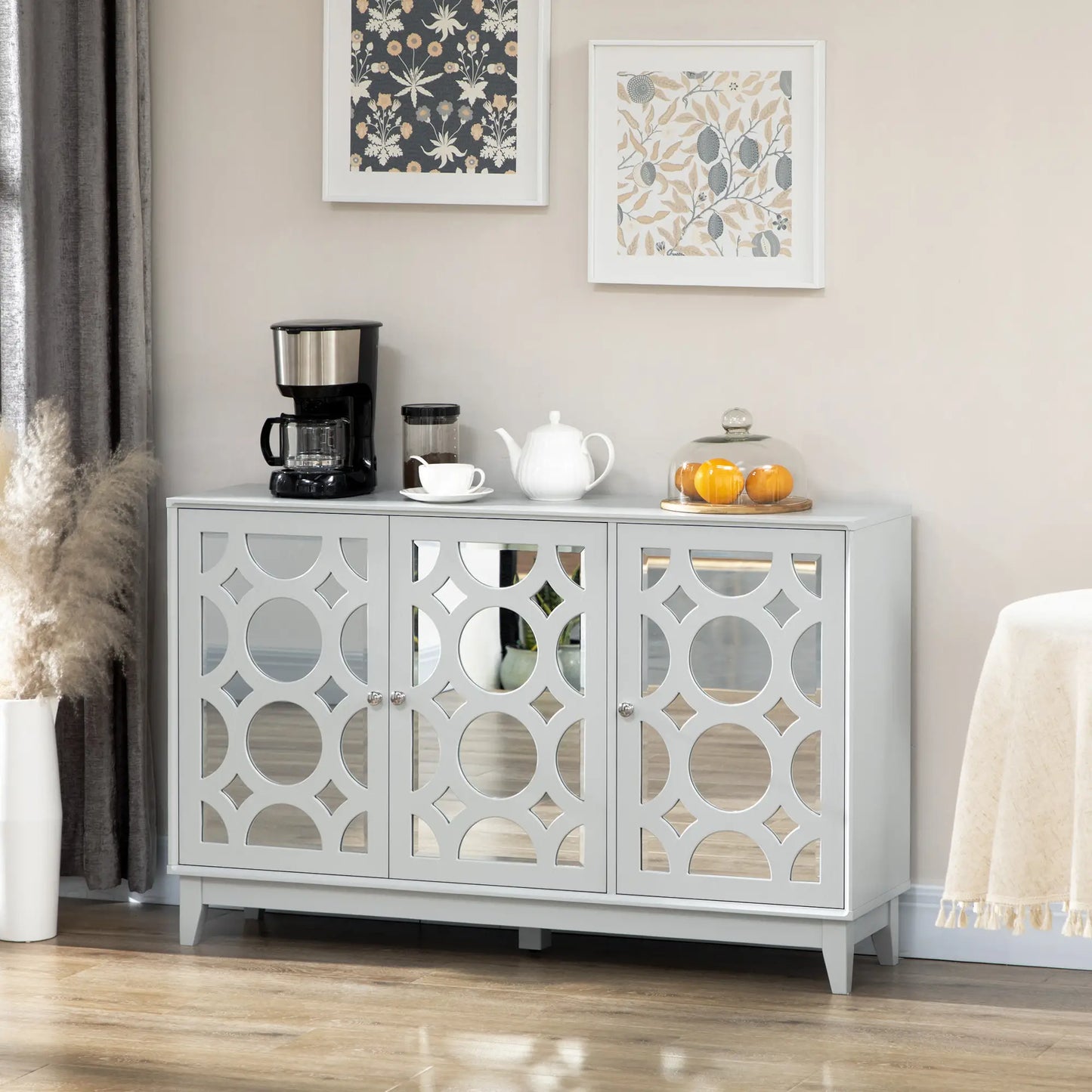 Sideboard Kitchen Buffet, 3 Mirrored Doors, 2 Cabinets, Adjustable Shelf, Gray Bar Cabinets at Gallery Canada