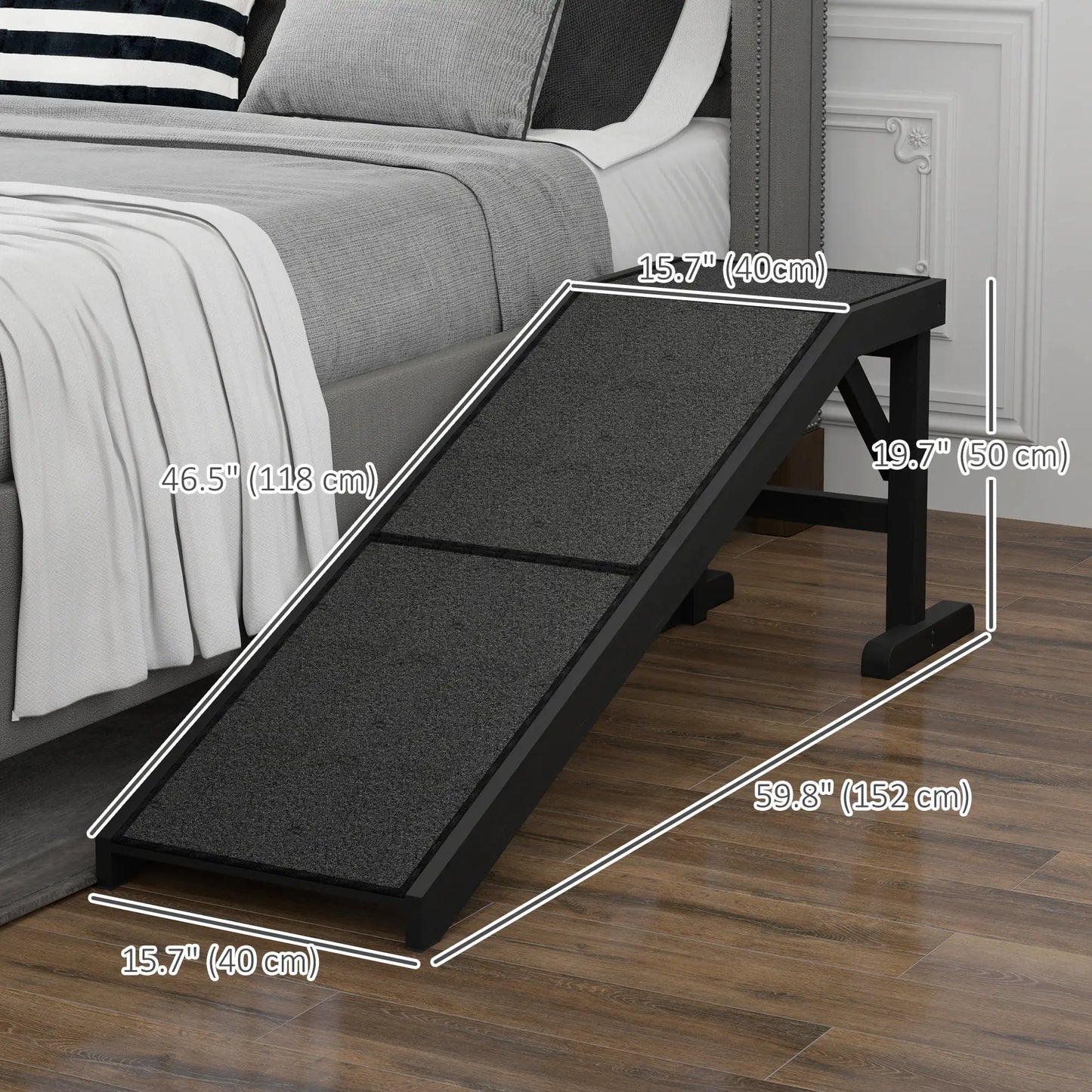 Pet Ramp Bed Steps, Non-Slip Carpet Top, Pine Wood, 59"L x 16"W x 20"H, Black Dog Stairs at Gallery Canada