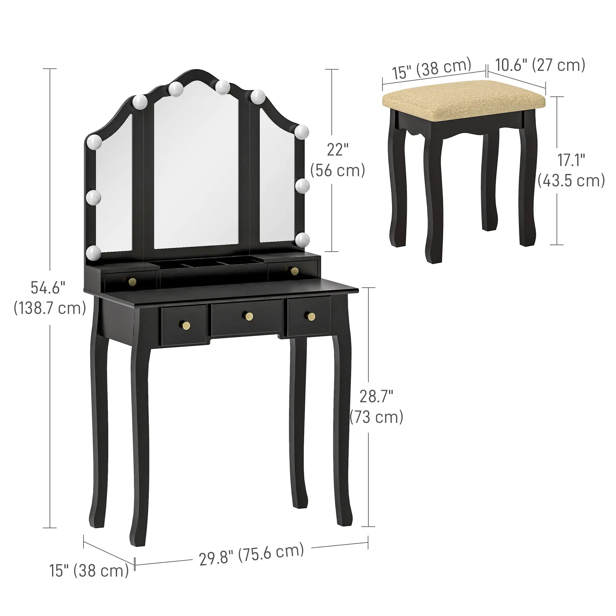 Makeup Vanity Desk with Mirror, Stool, 10 LED Lights, Black Dressing & Vanity Tables at Gallery Canada