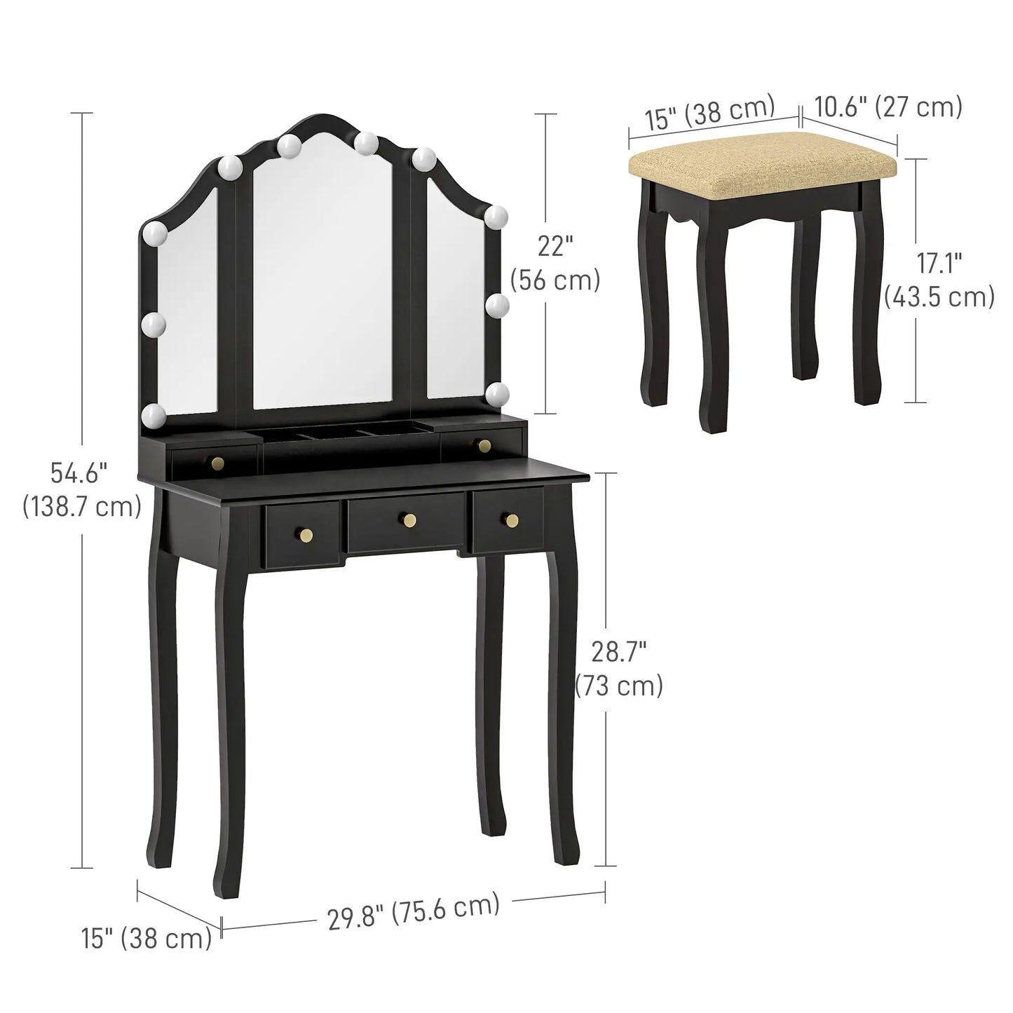 Makeup Vanity Desk with Mirror, Stool, 10 LED Lights, Black Dressing & Vanity Tables at Gallery Canada