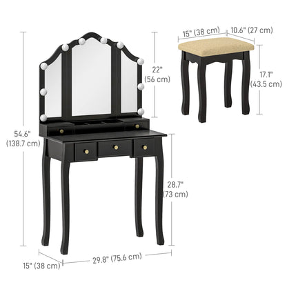 Makeup Vanity Desk with Mirror, Stool, 10 LED Lights, Black Dressing & Vanity Tables at Gallery Canada