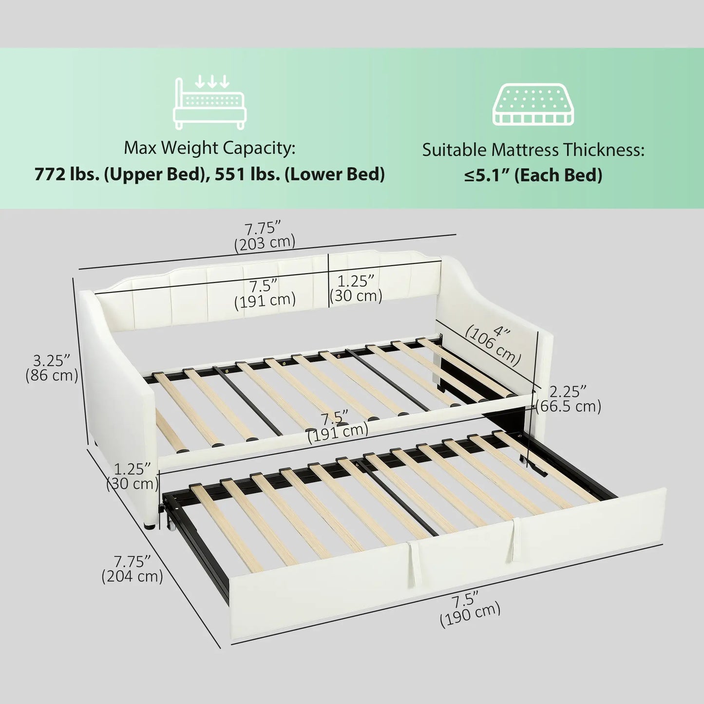 Upholstered Twin Trundle Bed, Extendable Twin To King, Cream White Bed Frames at Gallery Canada