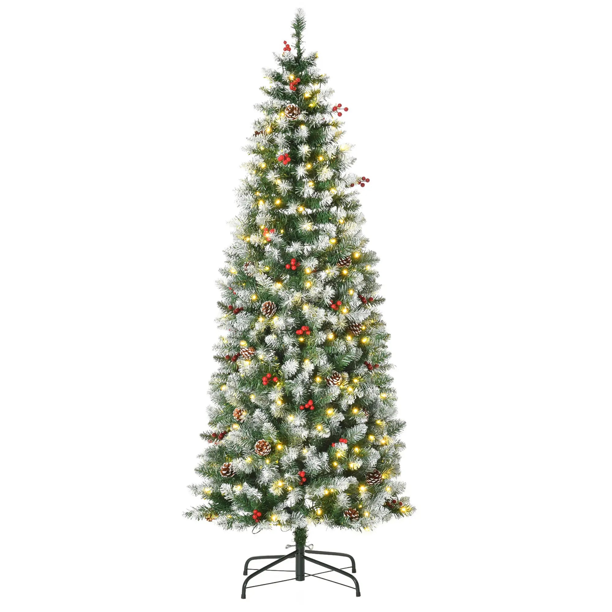 6 ft Pre-Lit Christmas Tree, LED Lights, Pine Cones, Red Berries Pencil Christmas Trees Green, White at Gallery Canada