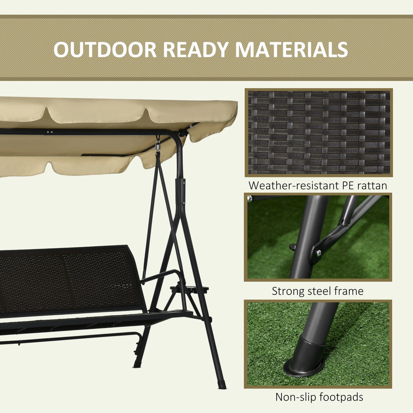 3-Seat Porch Swing with Canopy, Rattan Seat, Removable Cushion Patio Swings with Stand at Gallery Canada
