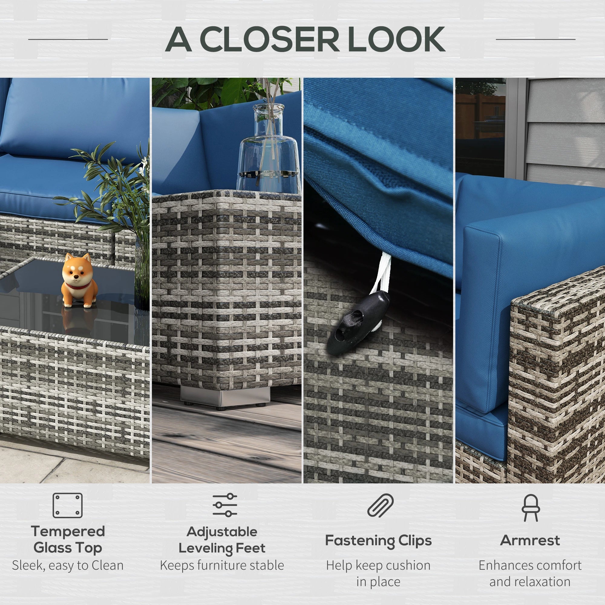 7pc Wicker Sectional Set, Tea Table, Rattan Sofa, Outdoor Furniture, Blue Patio Furniture Sets at Gallery Canada