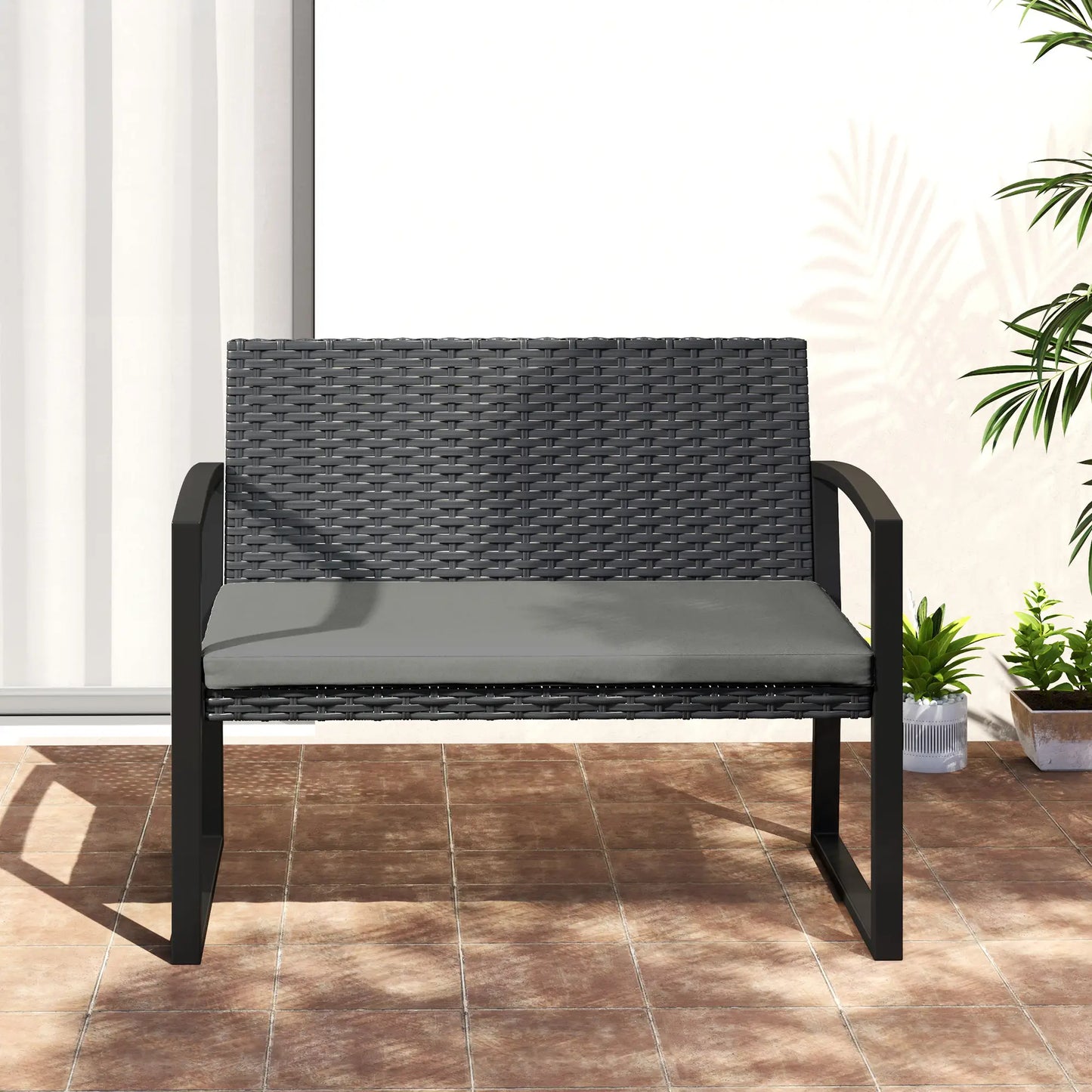 2 Seater Outdoor Rattan Bench with Cushion, Steel Frame, Light Grey Patio Chairs at Gallery Canada