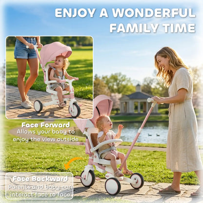 7 in 1 Toddler Tricycle, Safety Harness, Adjustable Parent Handle, Pink Tricycles for Kids at Gallery Canada