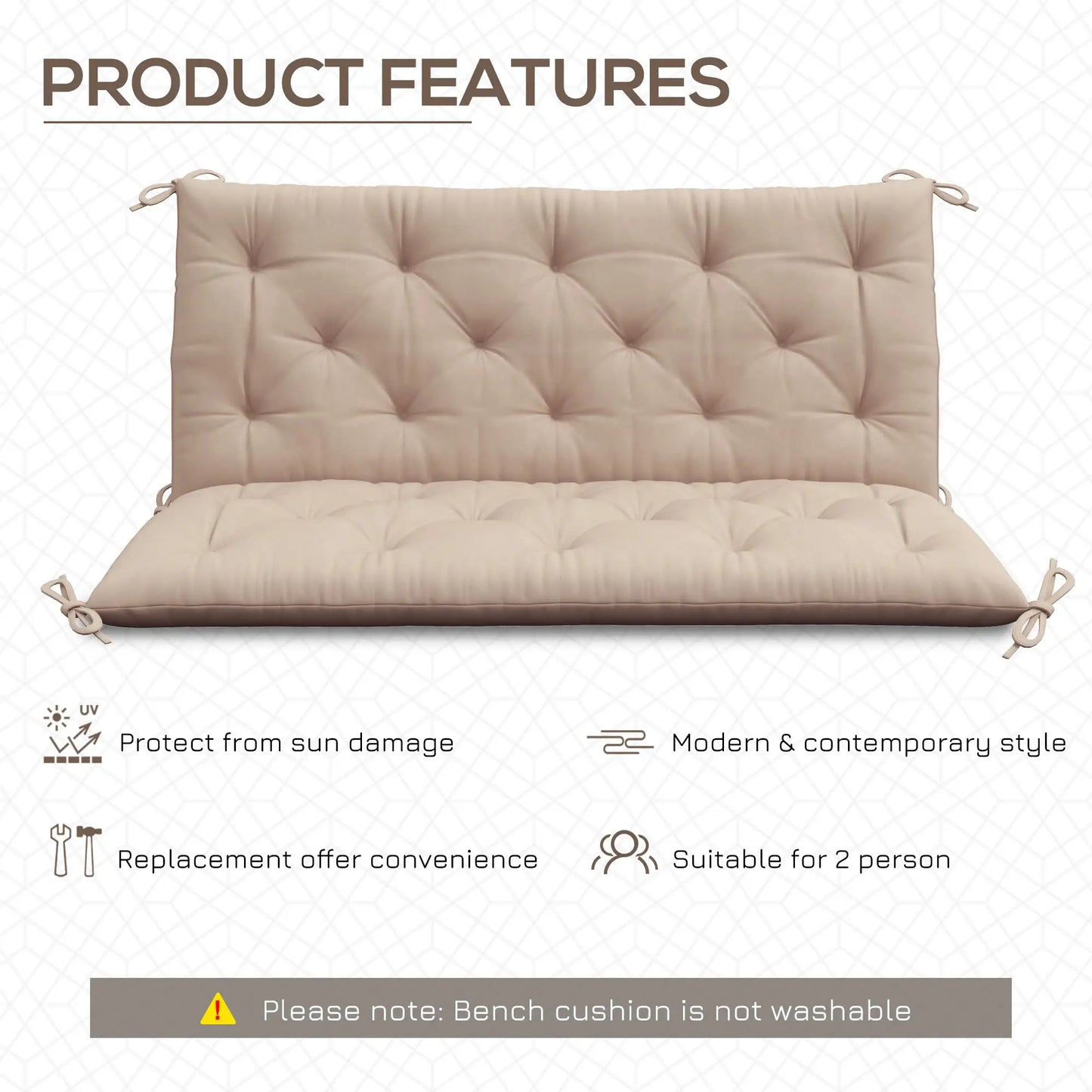 2 Seater Garden Bench Cushion, Thick Outdoor Non-Slip Pad, 47" x 43" x 5", Khaki Patio Chair Cushions at Gallery Canada