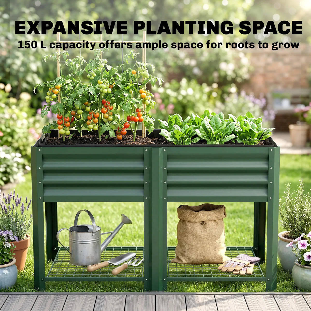 Lit de jardin surélevé vert de 31,5", étagère de rangement, jardinière surélevée, vert