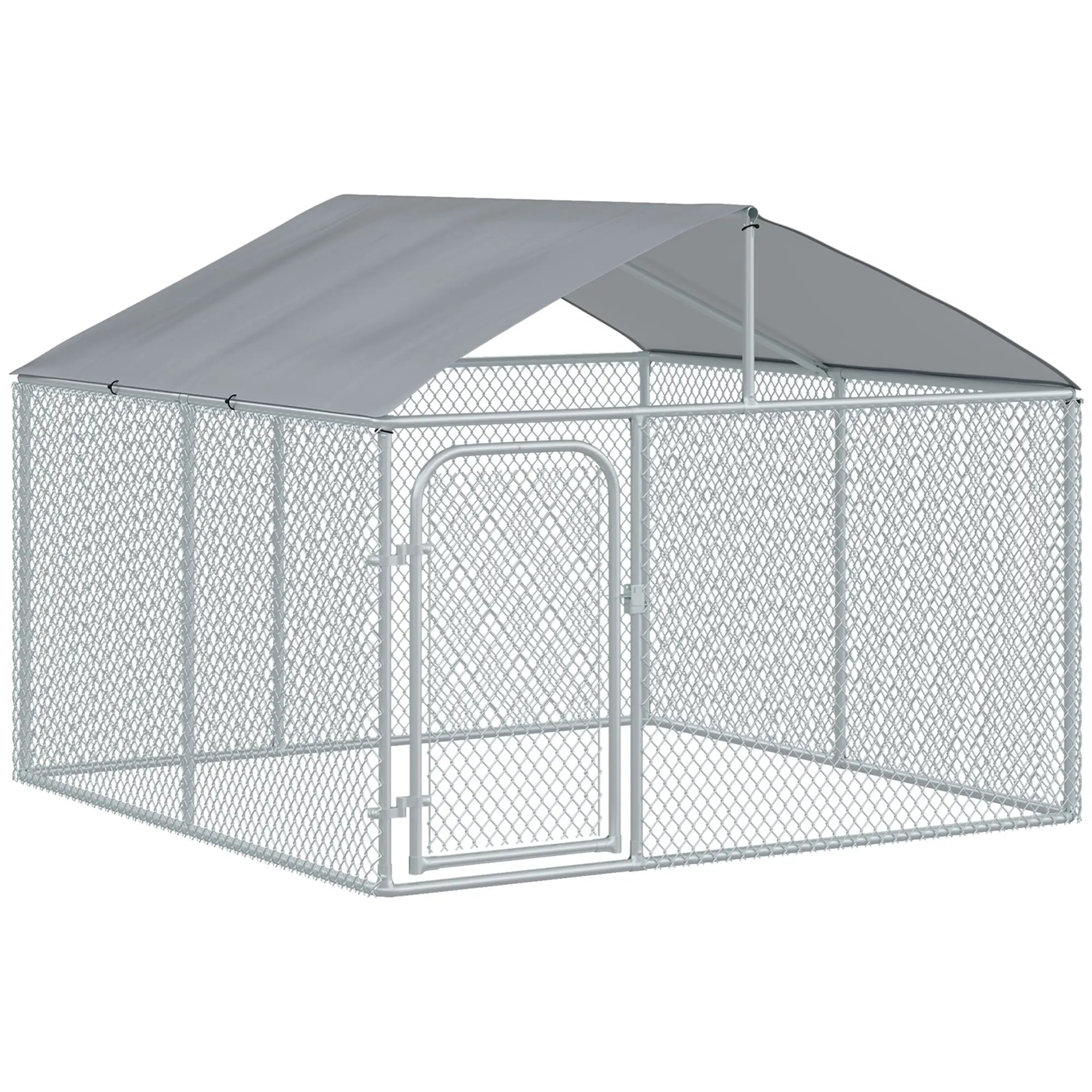 Outdoor Dog Kennel With Roof, Waterproof UV-Resistant Cover, Secure Lock, 7.5' x 7.5' x 5.7' Houses, Kennels & Pens Silver at Gallery Canada