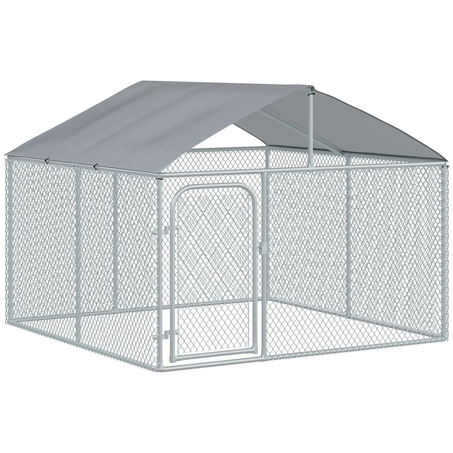 Outdoor Dog Kennel With Roof, Waterproof UV-Resistant Cover, Secure Lock, 7.5' x 7.5' x 5.7' Houses, Kennels & Pens Silver at Gallery Canada