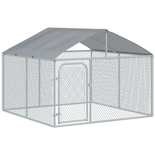 Outdoor Dog Kennel With Roof, Waterproof UV-Resistant Cover, Secure Lock, 7.5' x 7.5' x 5.7' Houses, Kennels & Pens Silver at Gallery Canada