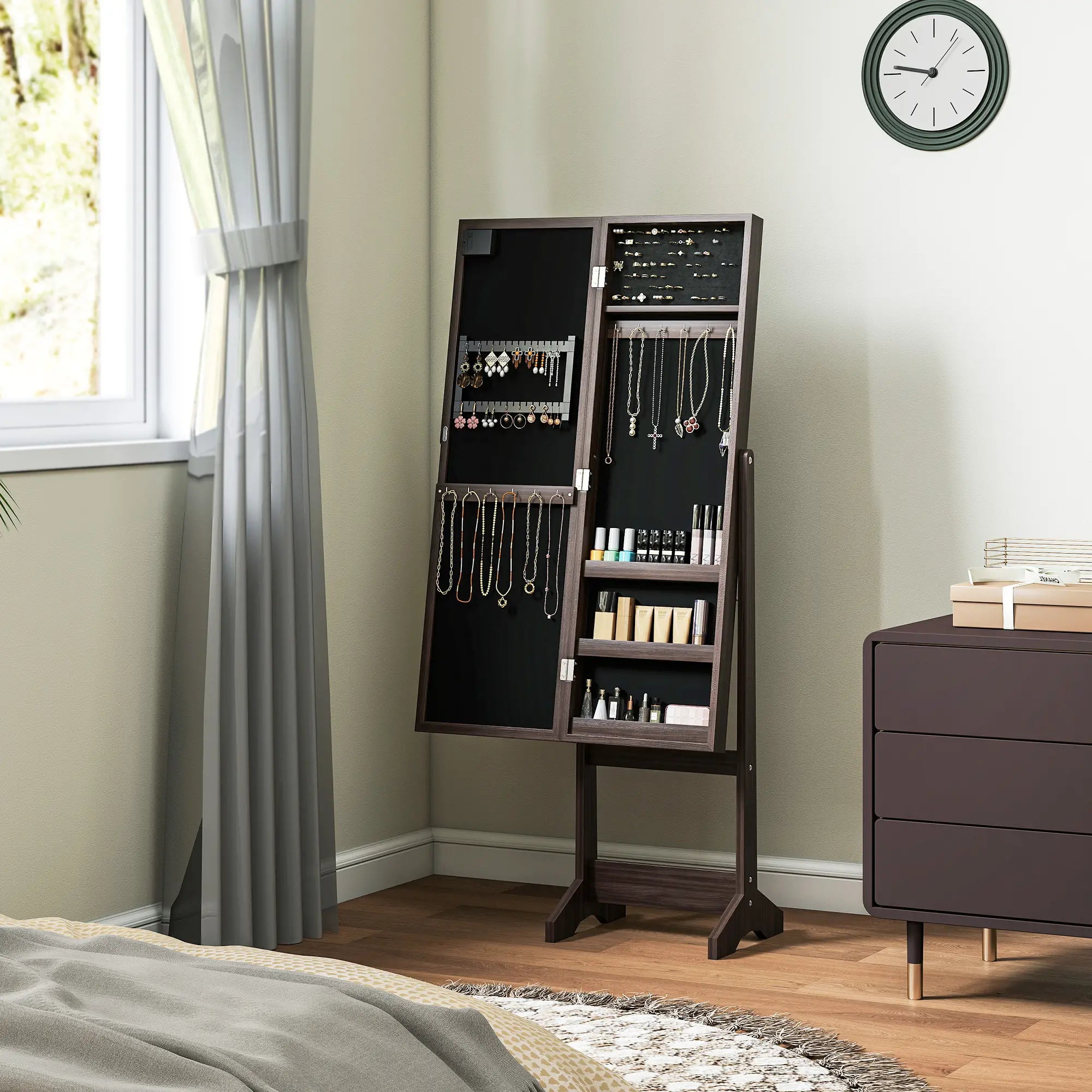 Lighted Mirrored Jewelry Cabinet, Angle Adjustable, 16 LED Lights, Dark Brown Jewellery Armoire & Jewellery Mirror Cabinets at Gallery Canada