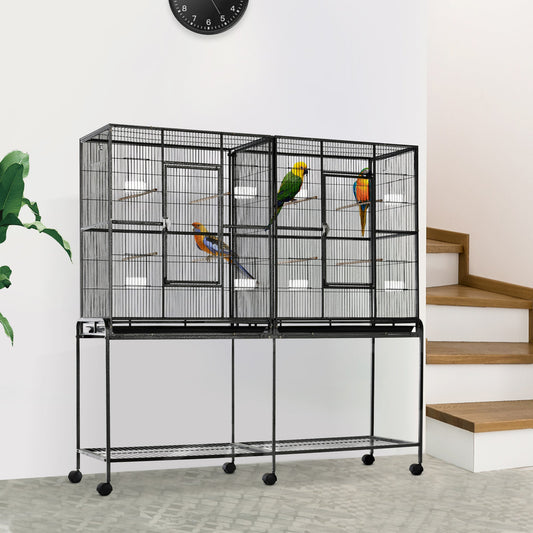 64" Extra Large Bird Cage, Rolling Metal Parrot Cage, Bird House with Detachable Rolling Stand, Storage Shelf, Wood Perch, Food Container, 62.8" x 18.9" x 64.2" - Gallery Canada