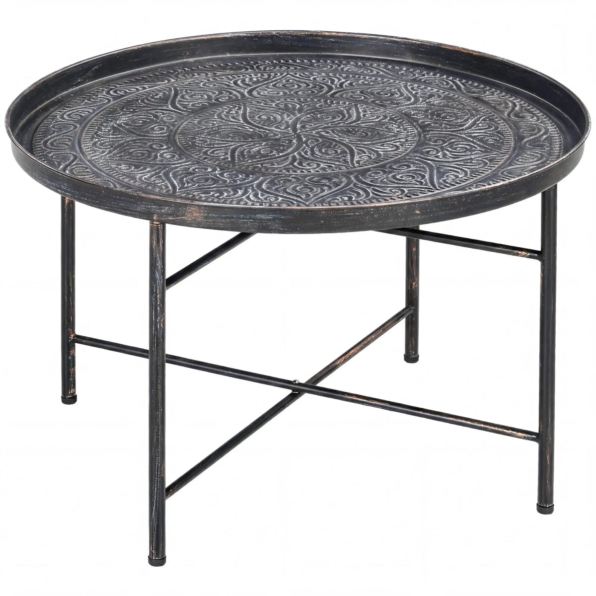Vintage Coffee Table, 24" Round, Hammered Tray Top, Metal Frame, Pewter Coffee Tables Pewter at Gallery Canada