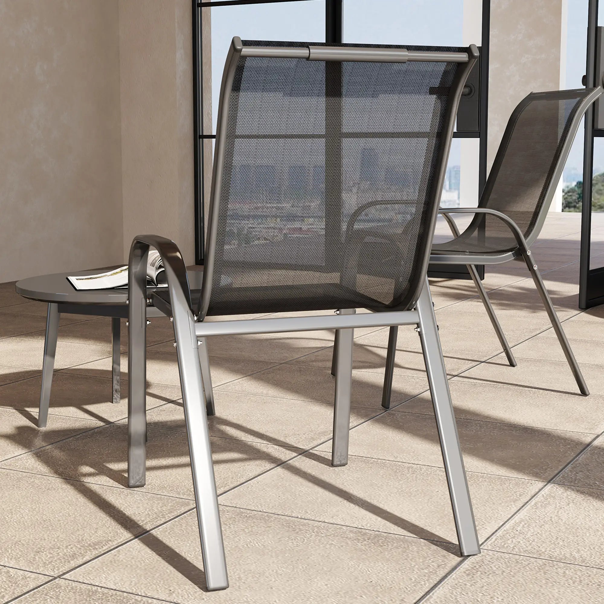 Outdoor Dining Chairs Set of 2, Stackable, High Back, Black Patio Chairs at Gallery Canada