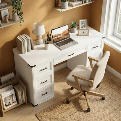 55" Computer Desk With 7 Drawers, Farmhouse Executive Desk, White Wood Grain Computer Desks at Gallery Canada