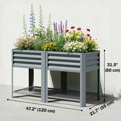Lit de jardin surélevé avec étagère de rangement à pieds 31,5" Gris argenté, Gris argenté