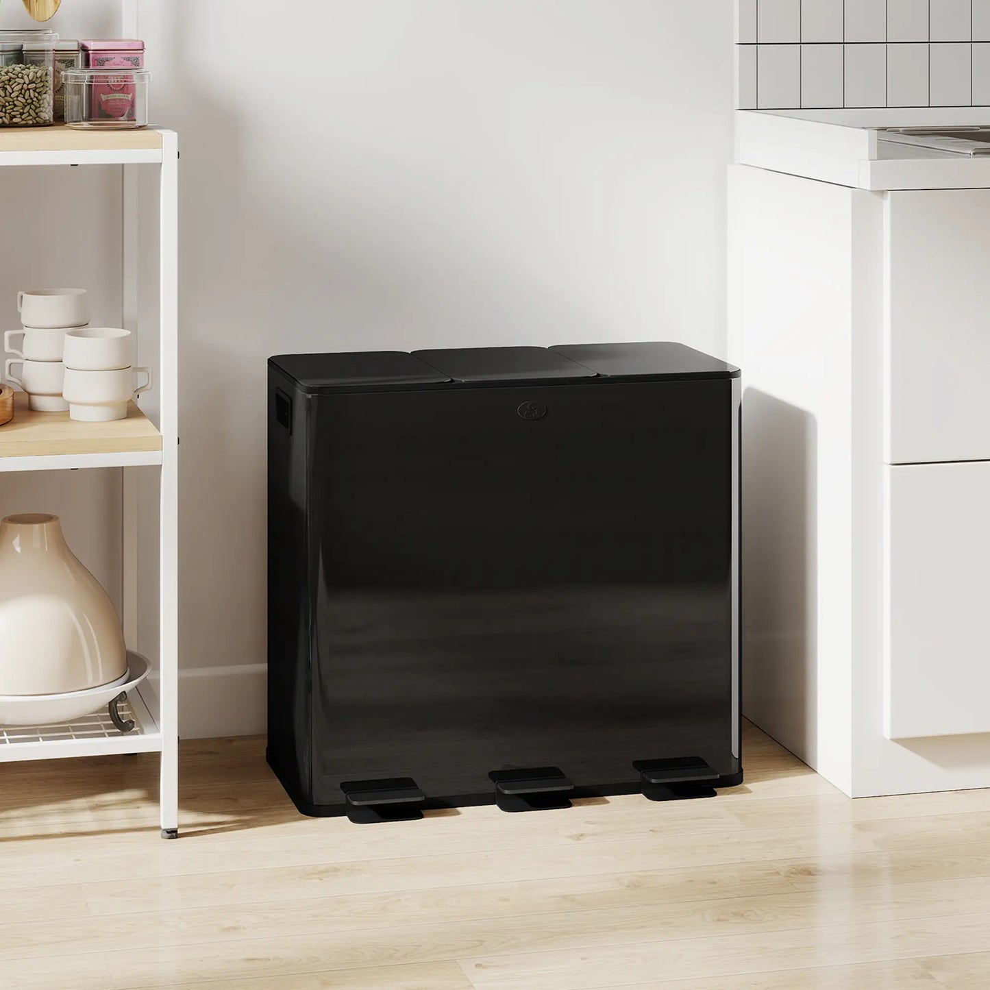 Triple Garbage Bin, Soft Close Trash Can, 3 x 20 Liter, Black Household Supplies at Gallery Canada