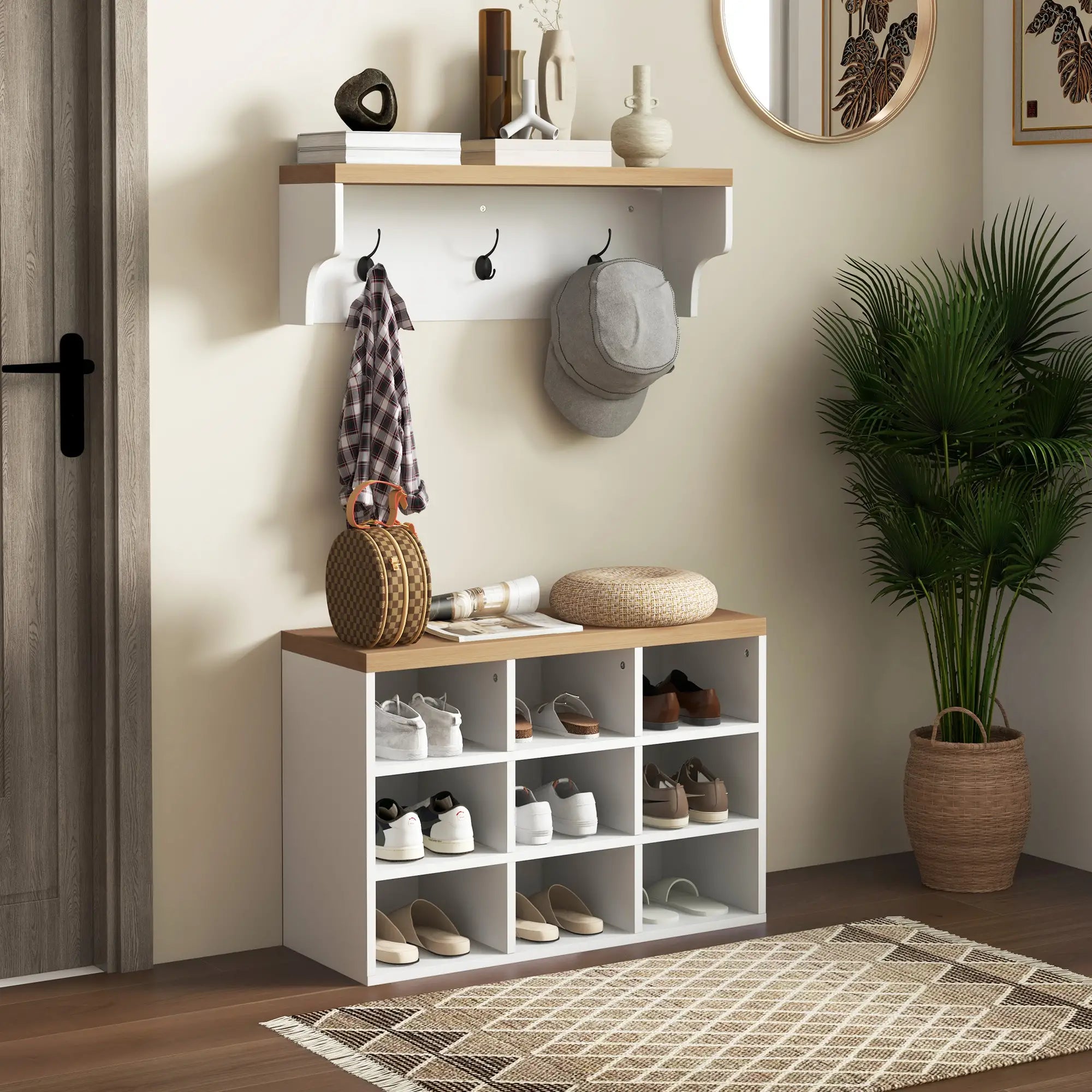 2-in-1 Hall Tree, 5-Hook Coat Rack Shoe Bench Set, White Clothing Storage at Gallery Canada