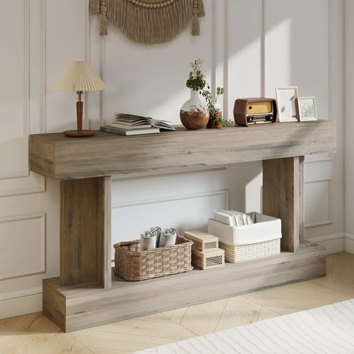 63 Inch Console Table, Vintage Narrow with Storage Shelf, Light Brown