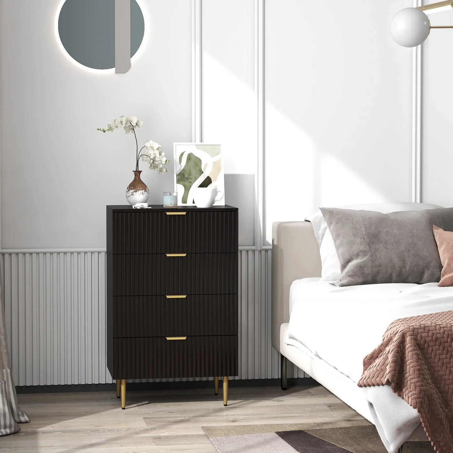 Modern 4 Drawer Dresser, Black with Gold Legs, Bedroom Chest, Black, Gold Storage Cabinets at Gallery Canada