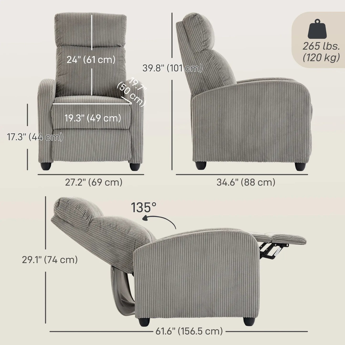 Corduroy Push Back Recliner Chair with Padded Seat, Grey