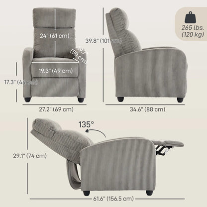Corduroy Push Back Recliner Chair with Padded Seat, Grey