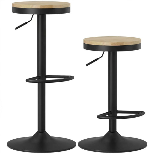 Wood Swivel Barstools Set Of 2, Adjustable Height, Natural Wood And Black, Black Bar Stools Natural Wood, Black at Gallery Canada