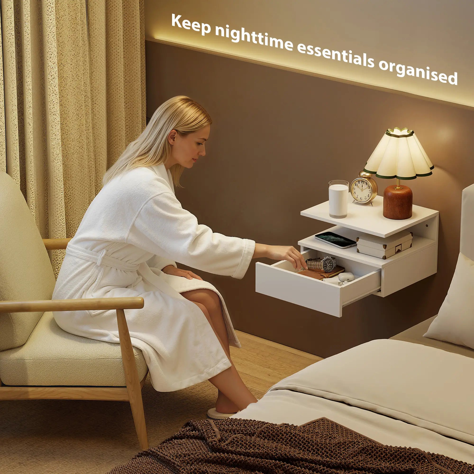 Floating Nightstand Set of 2, Wall Mounted with Drawer, White Bedside Tables at Gallery Canada