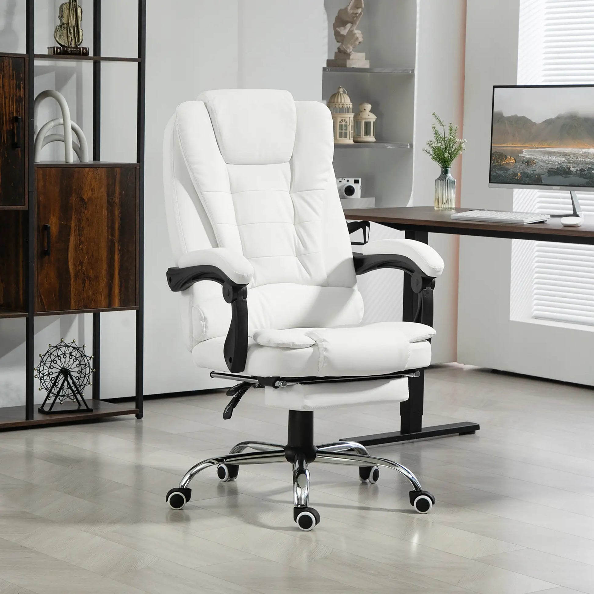 High Back Office Chair, PU Leather, Retractable Footrest, Padded Armrest, White Executive & Manager Chairs at Gallery Canada