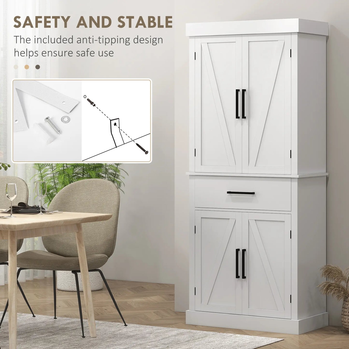 72" Kitchen Storage Cabinet, Farmhouse Pantry, 4 Barn Doors, Drawer, Adjustable Shelves, White Kitchen Pantry Cabinets at Gallery Canada