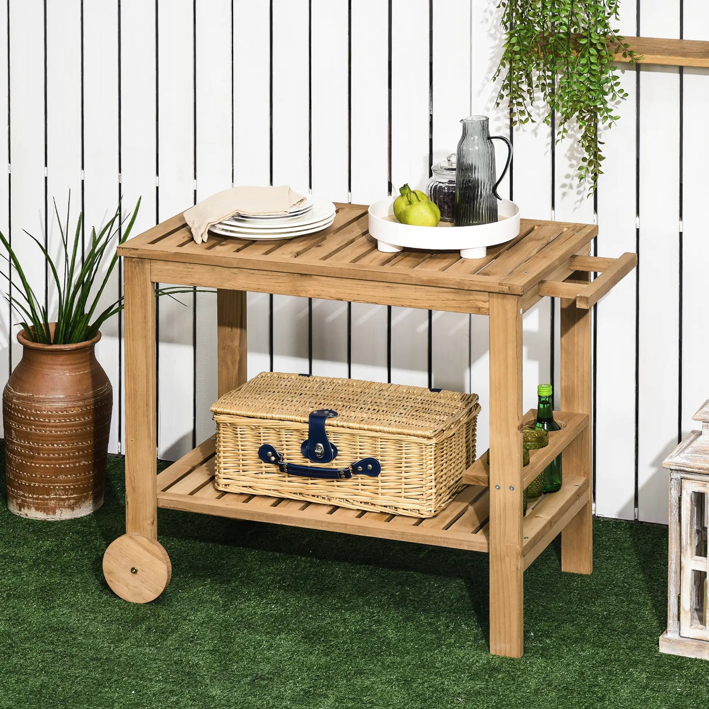 Outdoor Bar Cart, Wood Rolling Serving Cart, 2 Shelves, Wine Bottle Holders Cooler Boxes at Gallery Canada