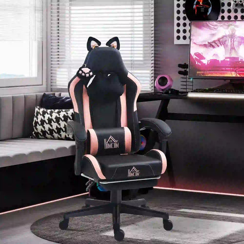Racing Gamer Chair, Faux Leather, with Footrest, Headrest, Lumbar Support, Black
