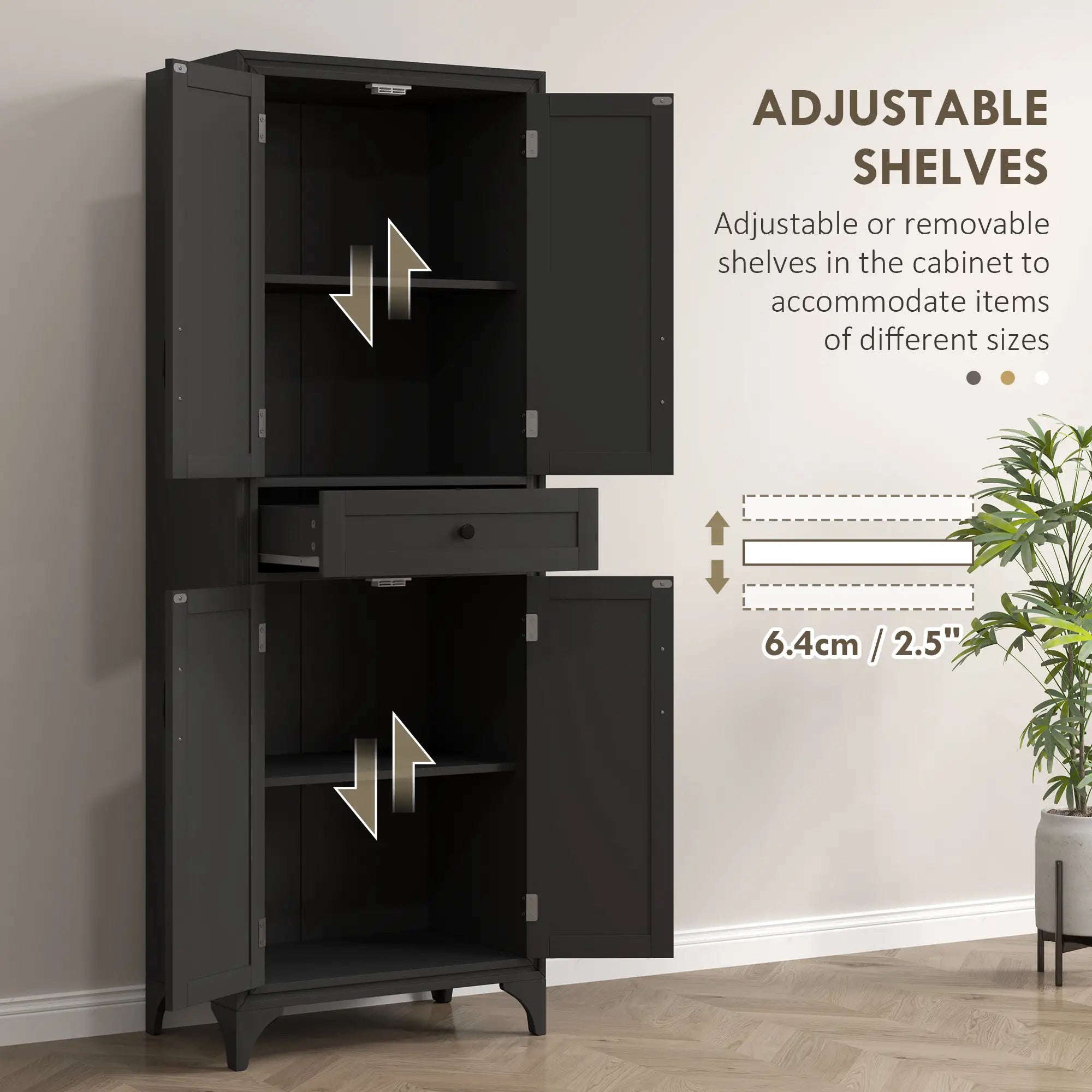 Freestanding Storage Cabinet, Kitchen Pantry, 2 Shelves, 4 Doors, Black Kitchen Pantry Cabinets at Gallery Canada