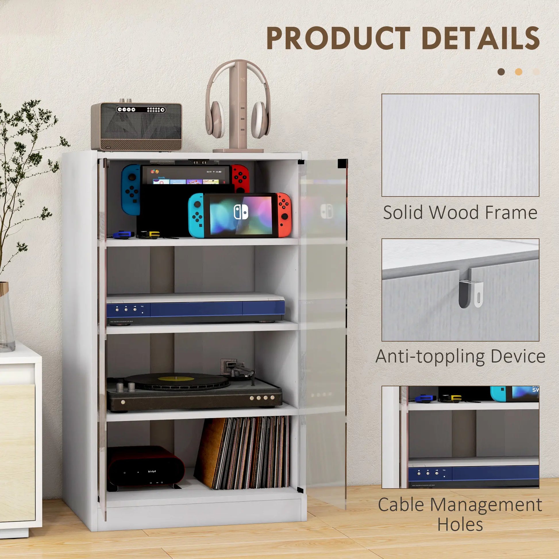 5-Tier Media Cabinet, Adjustable Shelves, Tempered Glass Doors, Distressed, White Storage Cabinets at Gallery Canada