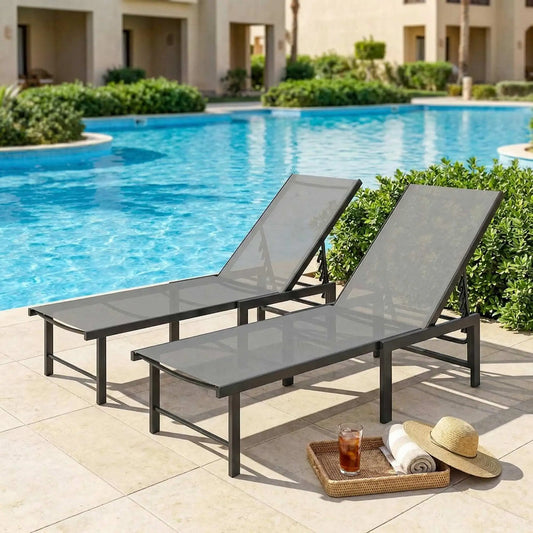 Outdoor Lounge Chair Set Of 2, 5-Position Reclining Chaise With Mesh Seat, Grey Lounger Chairs Black, Grey at Gallery Canada