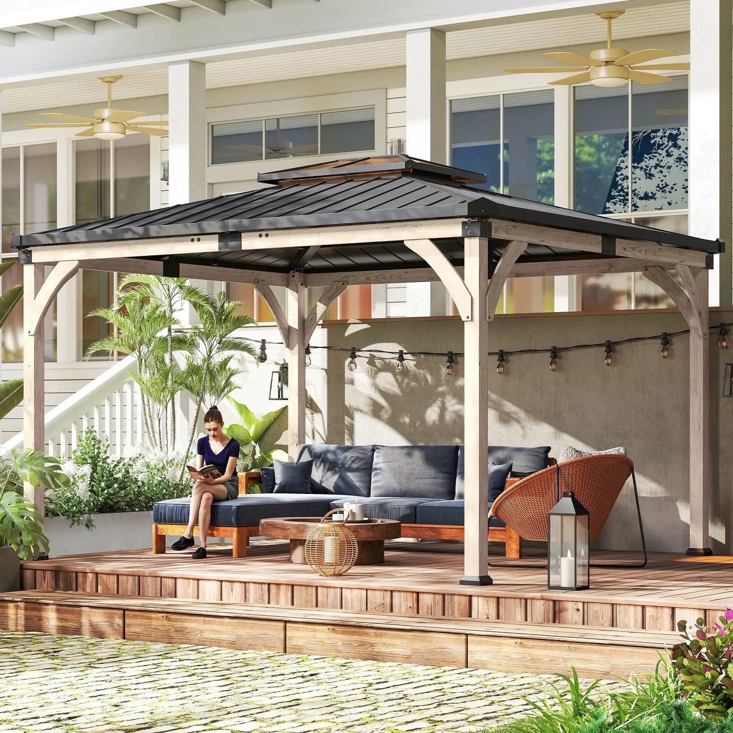 12' x 14' Hardtop Gazebo, Galvanized Steel Roof, Wood Frame, Light Walnut Gazebos at Gallery Canada