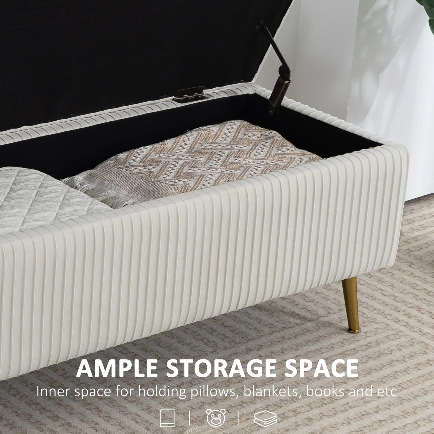 43 Inch Storage Ottoman Bench, Steel Legs, Padded Seat, Beige Storage Ottomans & Benches at Gallery Canada