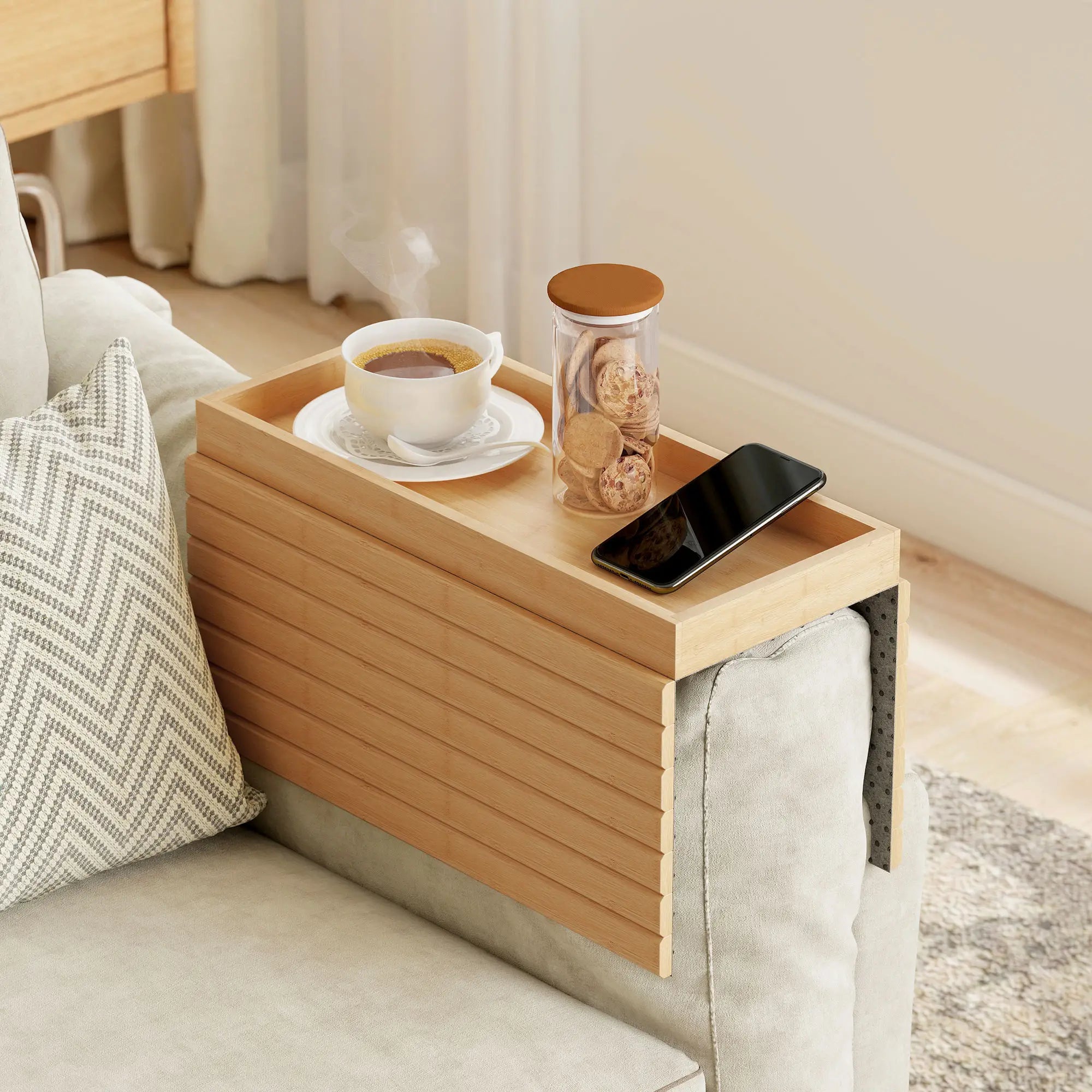 Bamboo Couch Arm Tray, Flexible Roll-up Design, Wide Compartment, Natural Living Room Furniture at Gallery Canada