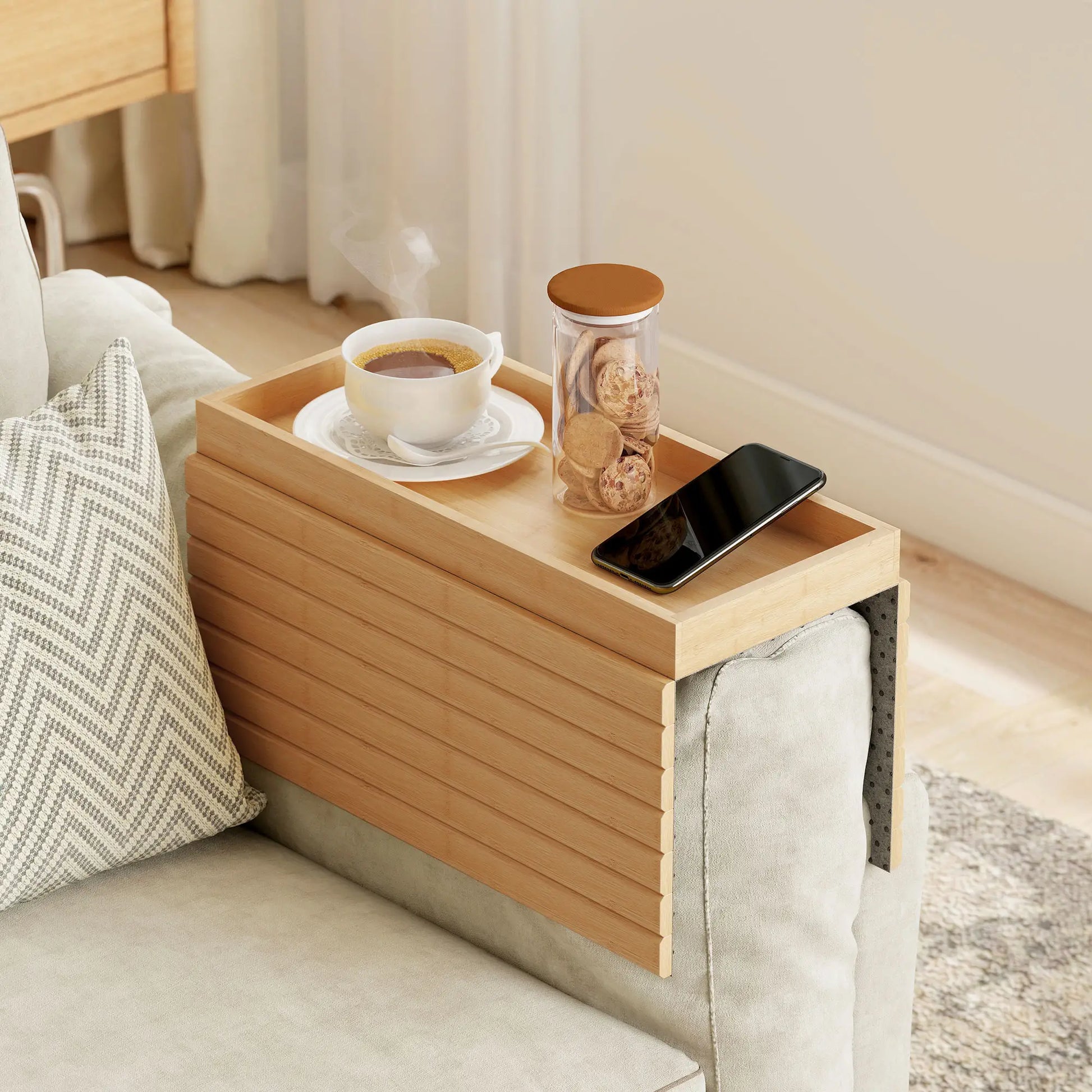 Bamboo Couch Arm Tray, Flexible Roll-up Design, Wide Compartment, Natural Living Room Furniture at Gallery Canada