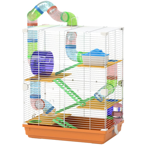 5-Tier Hamster Cage with Wheels, Tube, Water Bottle, Orange