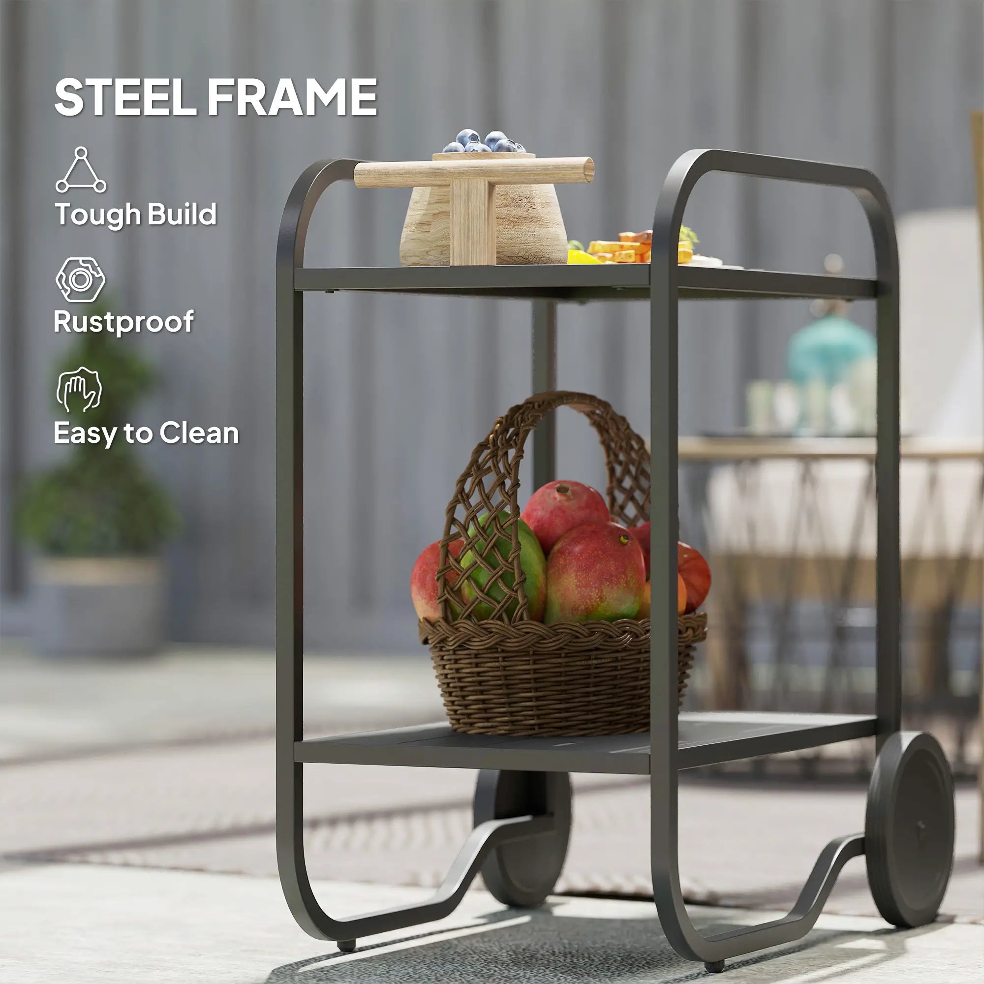 Outdoor Grill Cart With Storage, 2-Tier Bar Cart On Wheels, Steel Frame, Black Outdoor Grill Carts at Gallery Canada