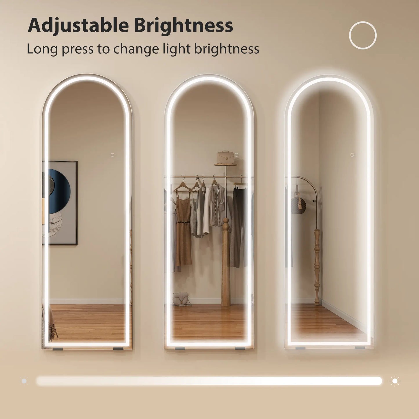 Free Standing Mirror, Dimmable 3 Color LED Lights, 64" x 21", Silver Full Length Mirrors at Gallery Canada