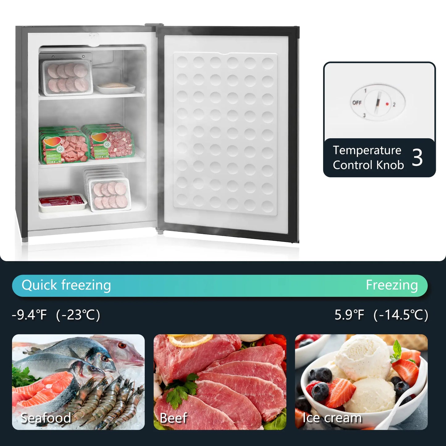 Upright Freezer, 3 Cu.Ft Mini Freezer with Reversible Single Door, Adjustable Thermostat for Home, Dorm, Silver Small Kitchen Appliances at Gallery Canada